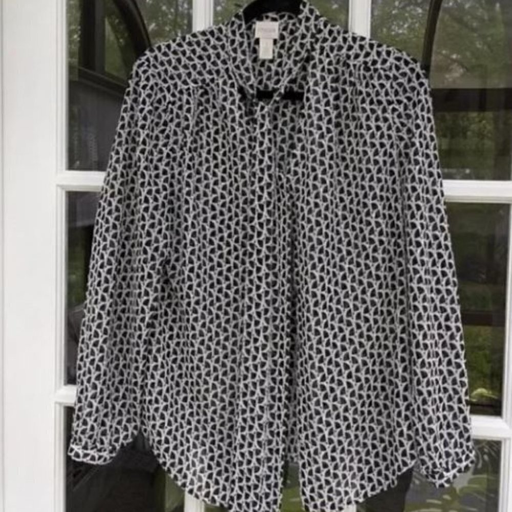 Chico's blouse size 1 black white tie neck sheer blouse
